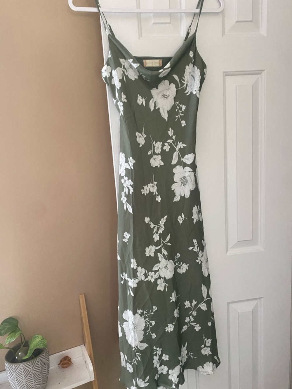 Altar'd State Olive Green Maxi Slip Dress with White Floral Print